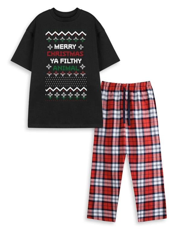 Show Me The Merch Unisex Black Filthy Animal Fair Isle Short Sleeve Long Leg Pyjama Set