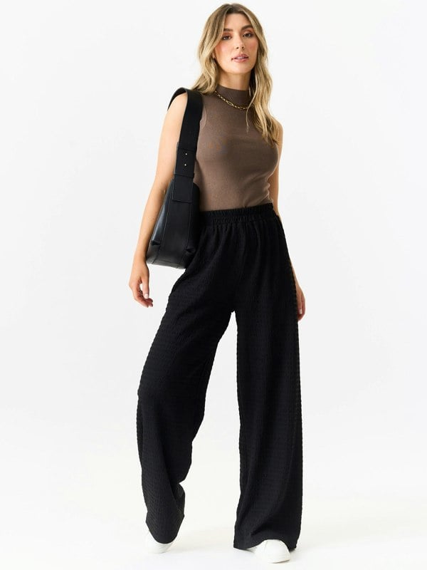 Gini London Black Textured Elastic Waist Pull On Trousers