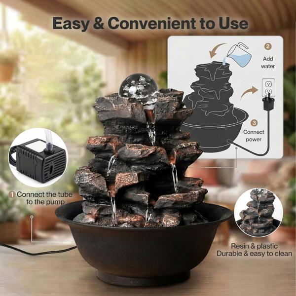 Spector Water Fountain Tabletop Glass Ball Feature 3-Speed Flow Resin Rock Brown