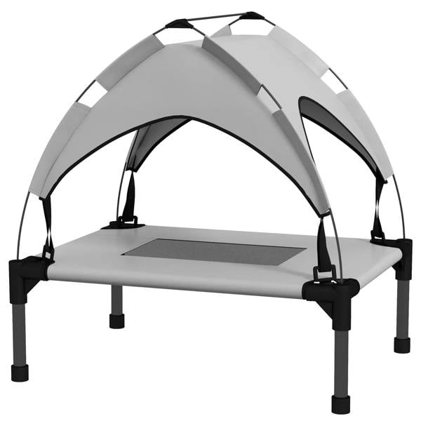 Light grey raised cooling pet bed with canopy, elevated legs, and breathable mesh sides