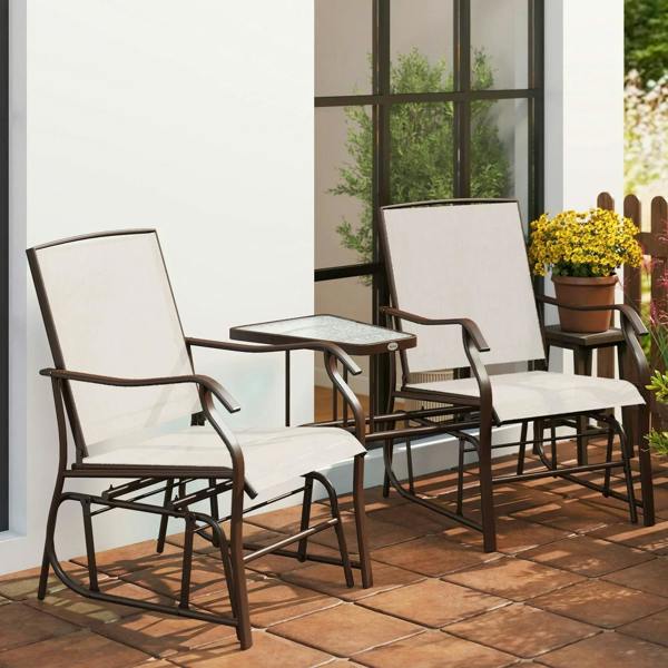 Outdoor gliding chair set with beige cushions, dark frames, and glass-top side table