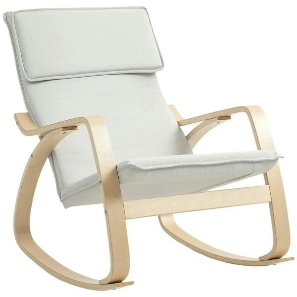 Cream upholstered rocking lounge chair with high back, headrest, and curved wooden base