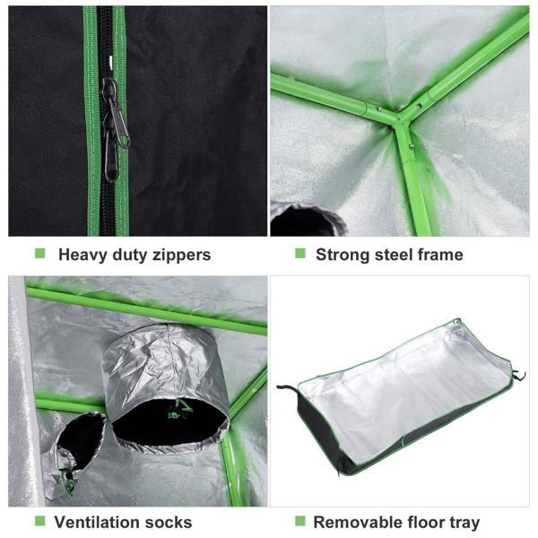 Grow tent features: heavy-duty zippers, steel frame, ventilation socks, removable floor tray