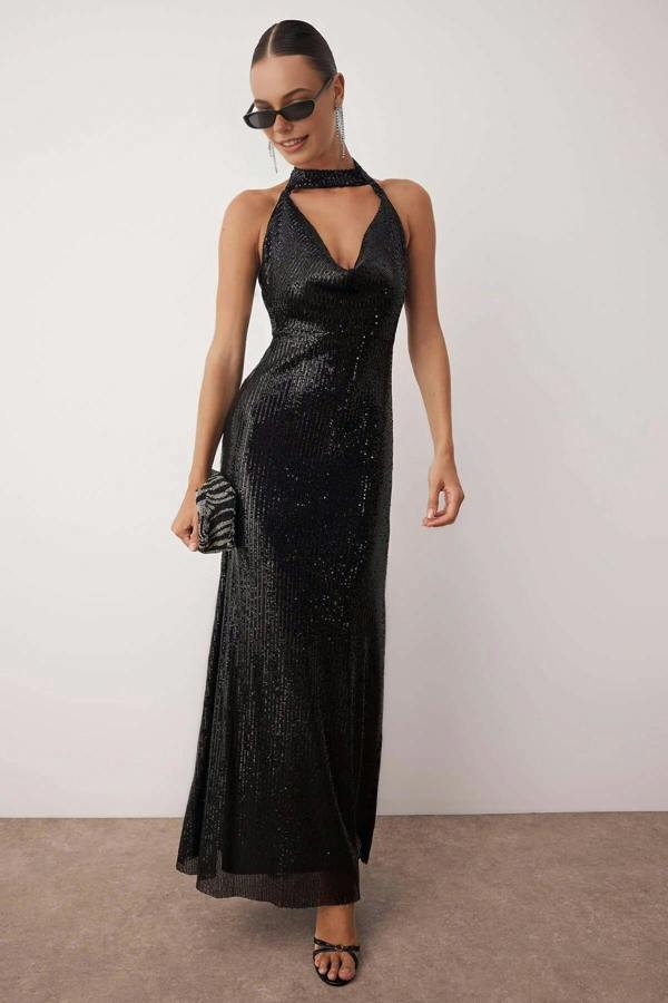 WOVCOR Sequin Elegant Evening Dress with Cowl Neck