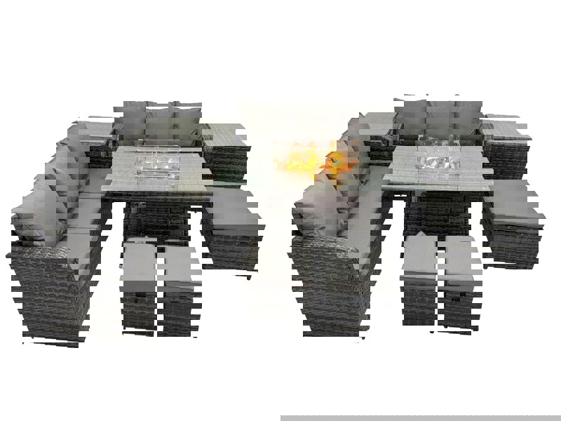 Fimous Garden Outdoor Rattan Furniture Set Rattan 3 Seater Sofa with 3 Stools 2 Side Tables Dark Grey Mixed