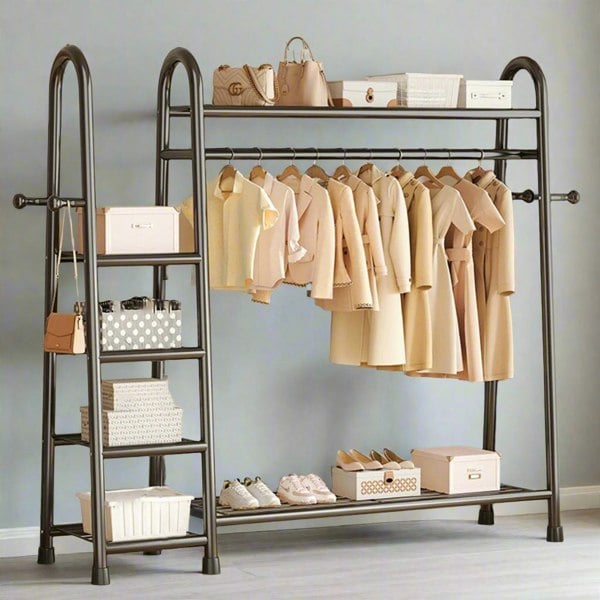 Modcraft Heavy Duty Double Clothes Rail Rack with Bottom Storage Shelves & Hooks