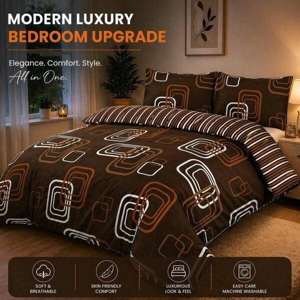 Night Zone Blake Geometric Printed Polycotton Duvet Cover Set – Modern Easy Care Bedding - Chocolate