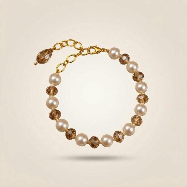 The Colourful Aura Pearl and Champagne Crystal Beaded Bracelet in 18ct Gold Plate