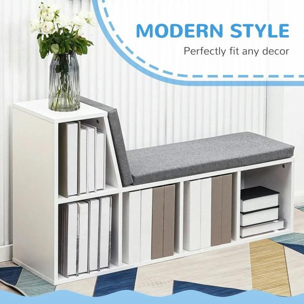 White bookshelf storage bench with gray cushioned seat and open shelving below