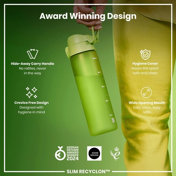 A green water bottle is being held; it features a hide-away handle, crevice-free design, hygiene cover, and wide mouth. Award-winning design. SLIM RECYCLON™.
