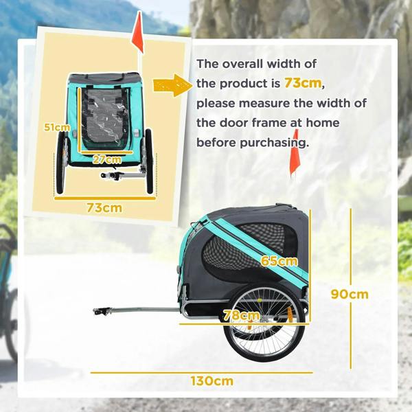 Folding dog bike trailer cart with size measurement labels showing overall dimensions