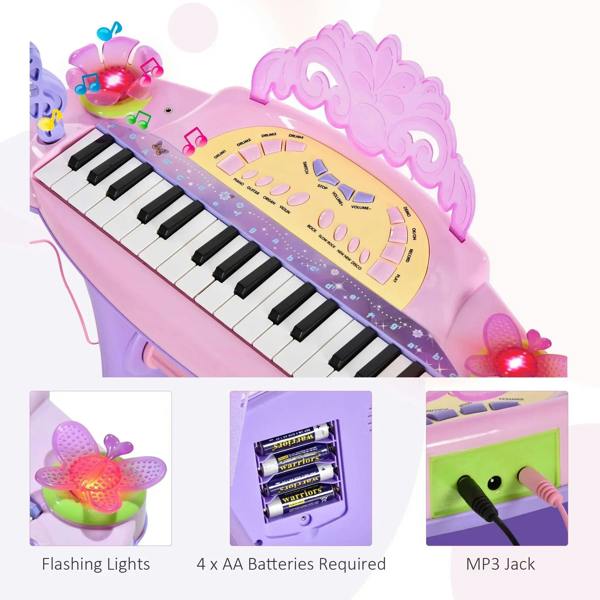 Pink mini electronic keyboard with built-in flashing lights and MP3 jack
