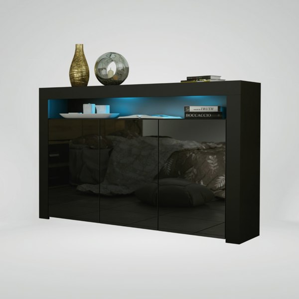 Mex Furniture 155cm Sideboard TV Stand Cupboard Cabinet – Black High Gloss Doors with Free LED