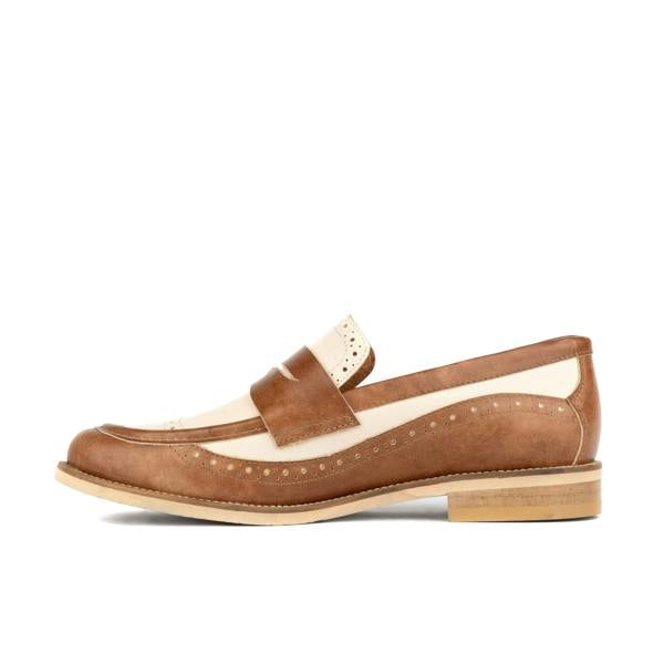 Embassy London Angelina - Tan & Cream - Women's leather almond toe penny loafer with broguing