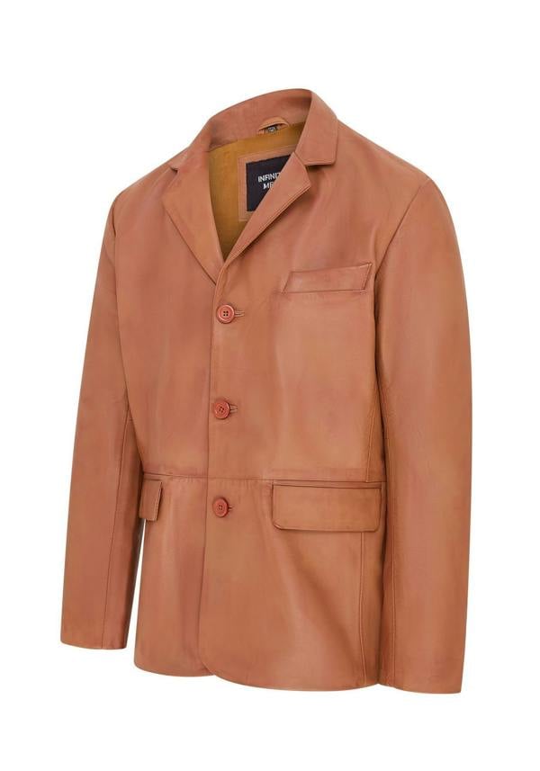 Infinity Leather Mens 3 Button Italian Leather Blazer Jacket - Fauske