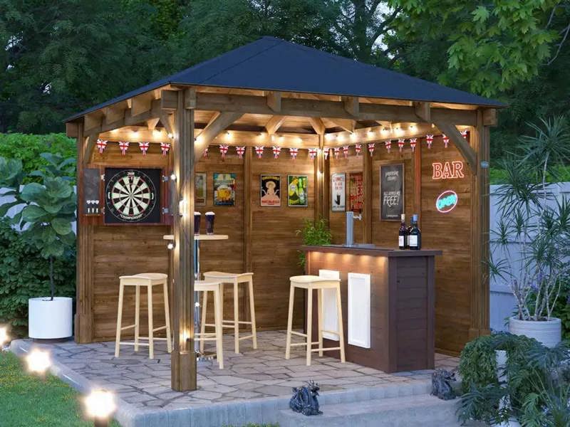 Dunster House Garden Bar Gazebo 3m x 3m Roof Shingles, Heavy Duty Garden Shelter with Log Bar Included Leviathan