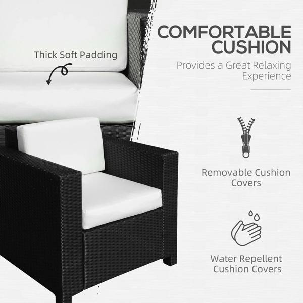Black rattan armchair with thick white cushion and covered seat, armrests