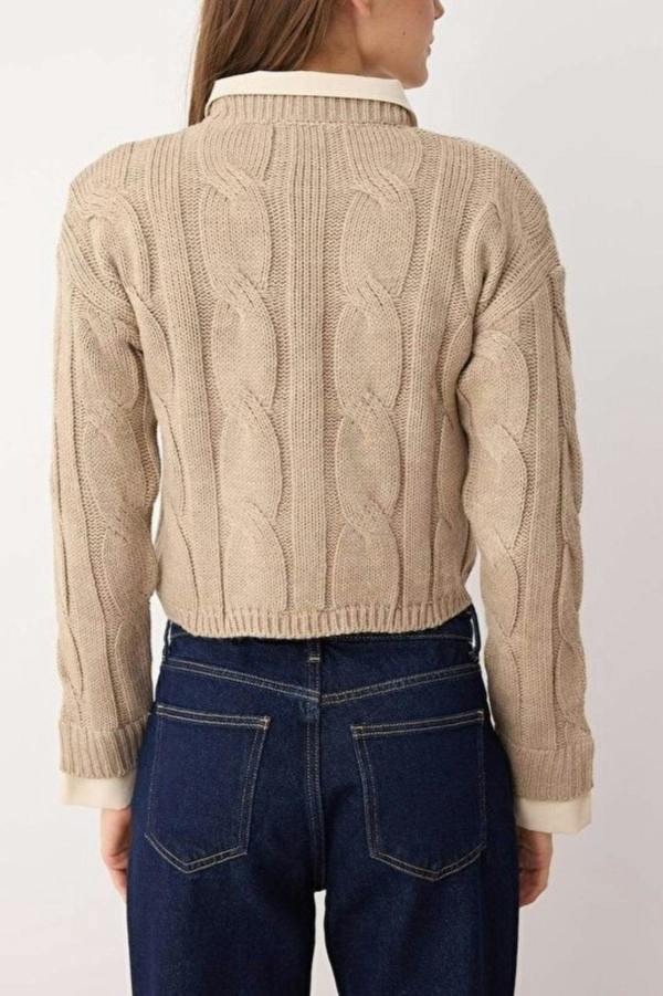 WOVCOR Cropped Knit Sweater with Shirt Panel Detail