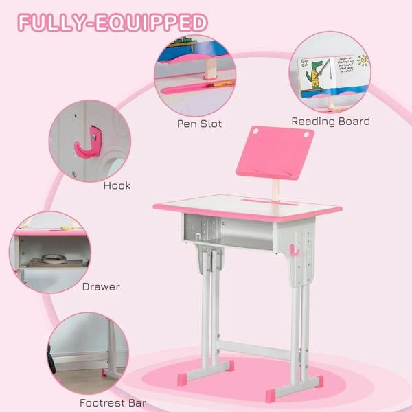 Kids desk set with pen slot, reading board, hook, drawer, and footrest bar.
