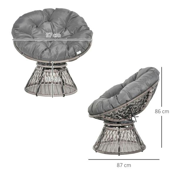 Grey round seat cushion Papasan chair with woven rattan base, multiple angles shown