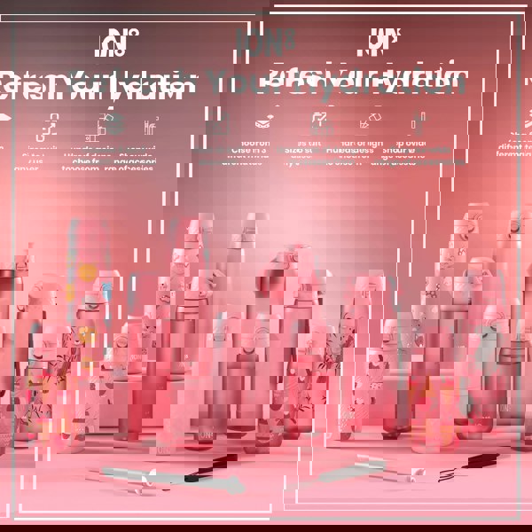 Pink water bottles, varying in size and design, are displayed on a pink surface. Some bottles feature animal or ice cream prints. Accompanying text promotes ION8 hydration products and accessories.