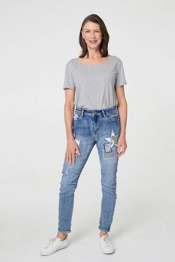 Blue | Star Patchwork Detail Skinny Jeans
