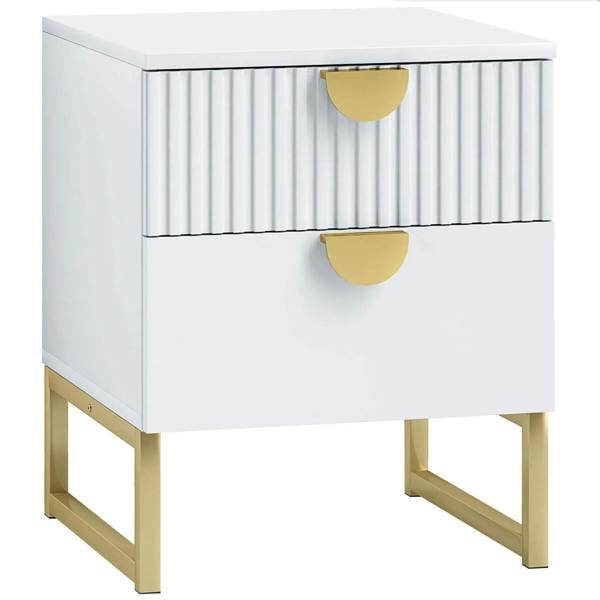 White two-drawer bedside table with ribbed fronts and gold curved handles