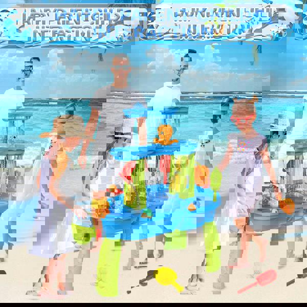 deAO Toys deAO 3-Tier Sand and Water Play Table – Kids' Outdoor Activity Set with Lid & 10+ Beach Accessories