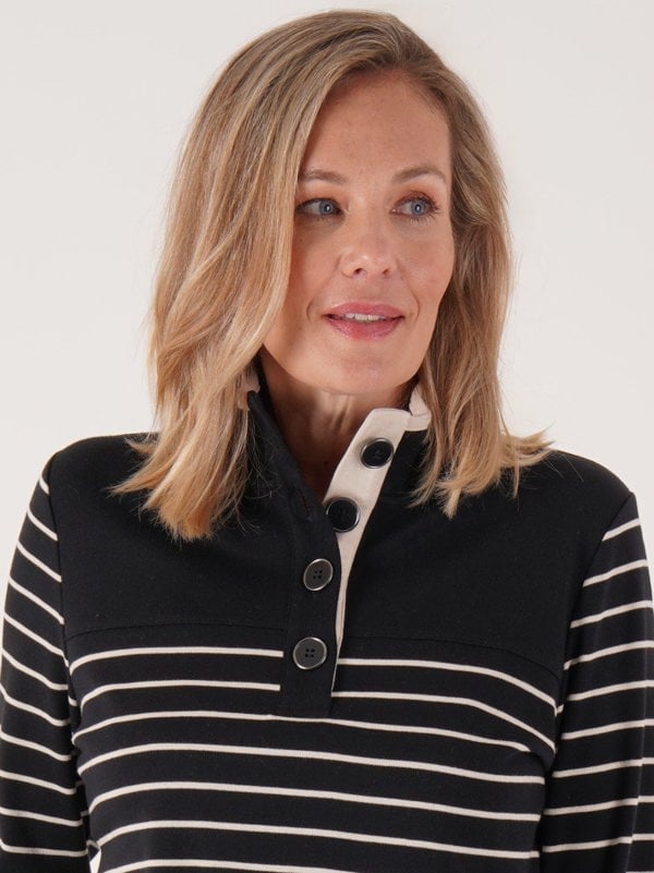 PennyPlain Striped Funnel Neck Top - Black