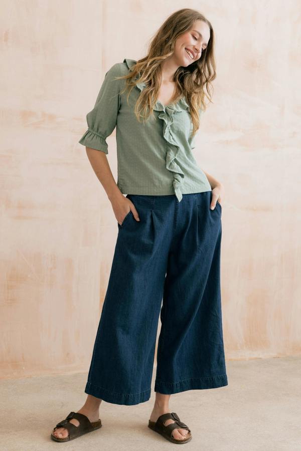 Lily & Me May Embroidered Cotton Frill Blouse Silver Sage