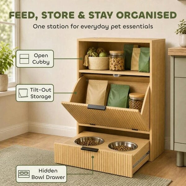 Pet Feeder Station with Storage, Dog Food Storage Container w/ 2 Raised Bowls, Tilt Out Cabinet, Slow Feeder Mat