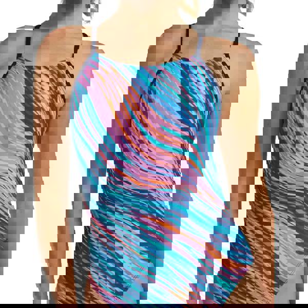 Pink multi TYR Riptidal Durafast Elite Cutoutfit swimsuit with blue stripes