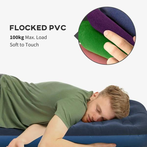Single inflatable air mattress, blue flocked surface for soft, comfortable sleep