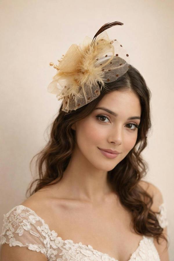SVNX Rosette Faux Pearl & Polka Veil Feather Fascinator in Gold