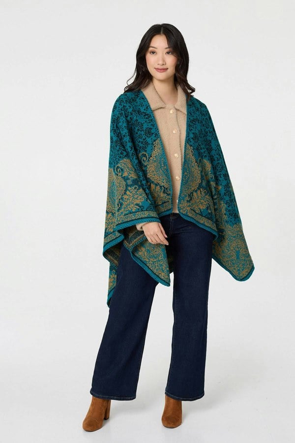 Blue | Damask Print Oversized Poncho
