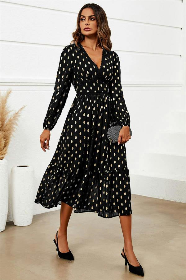 FS Collection Lace Trim Foil Long Sleeve Maxi Dress In Black