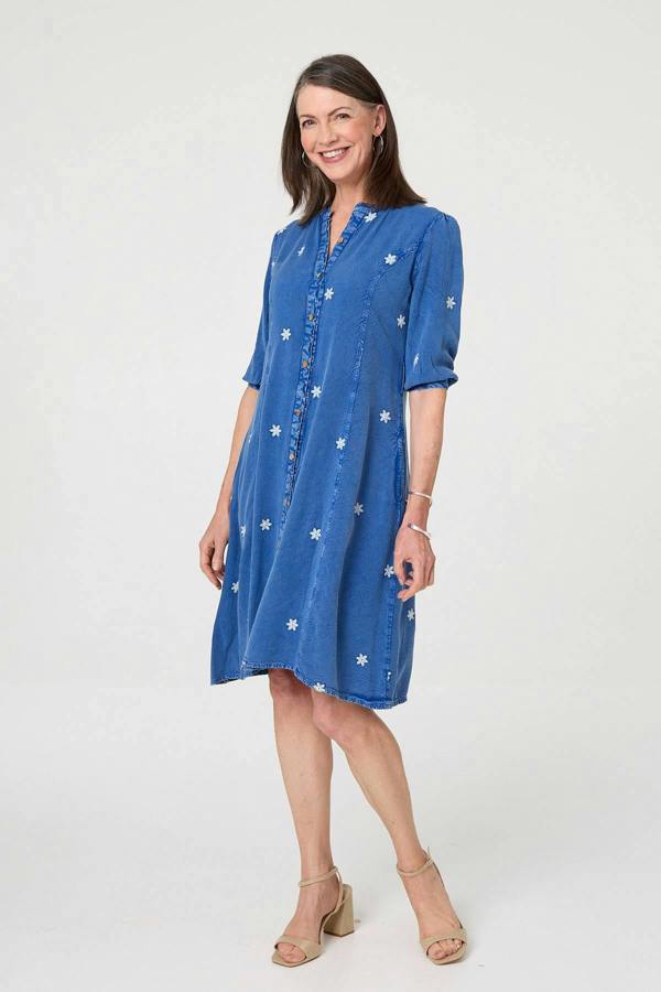 Blue | Floral Detail Buttoned Knee Length Dress