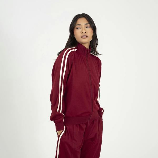 Brave Soul Burgundy Side Stripe Zip Through Sweatshirt - Burgundy Image 1