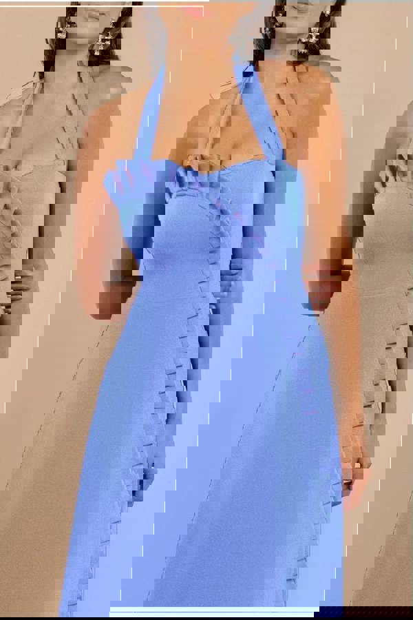 Frilled Halter Neck Strap Midi Dress - Cornflower Blue DR4205