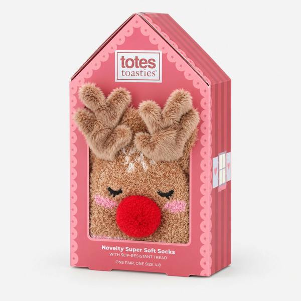 Totes NOVELTY SUPER SOFT SLIPPER SOCKS Slipper Socks Reindeer Slipper Socks   in  Red
