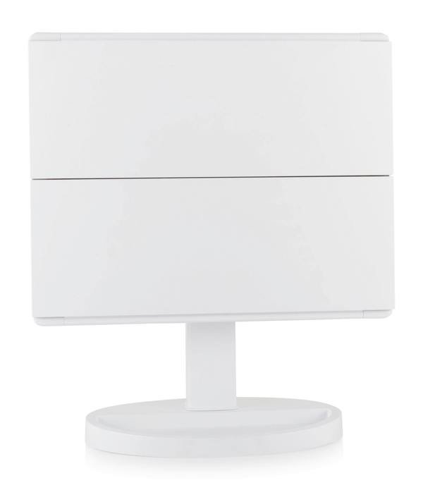 Full size LED make up mirror with trifold doors closed and tilted sideways at 90 degree angle 