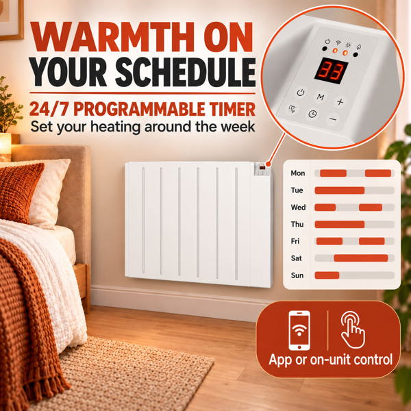MYLEK Electric Radiator Panel Heater WIFI Smart APP Eco 1500W Bathroom Safe Wall Mounted Timer Thermostat