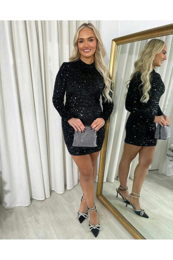 Lorena Sequin Long Sleeve Bodycon Mini Dress - Black