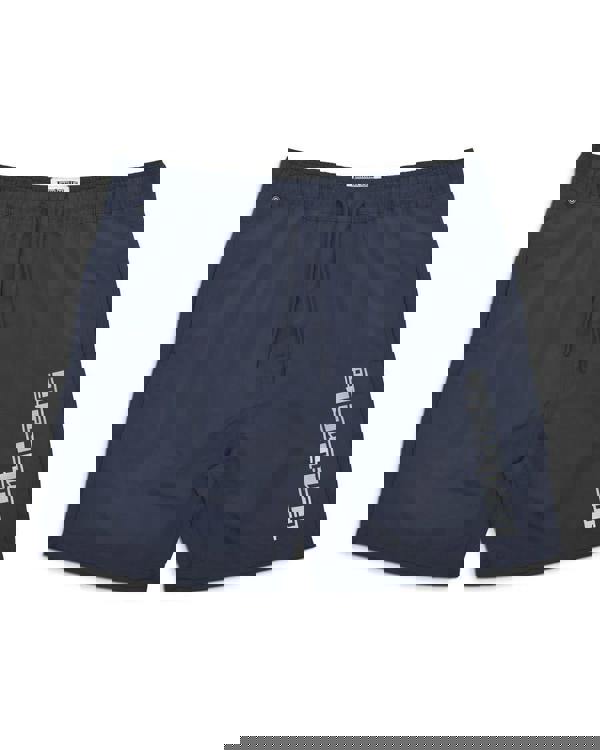 Lambretta Mens Swimming Casual Summer Shorts, navy blue with drawstring waist and logo print.