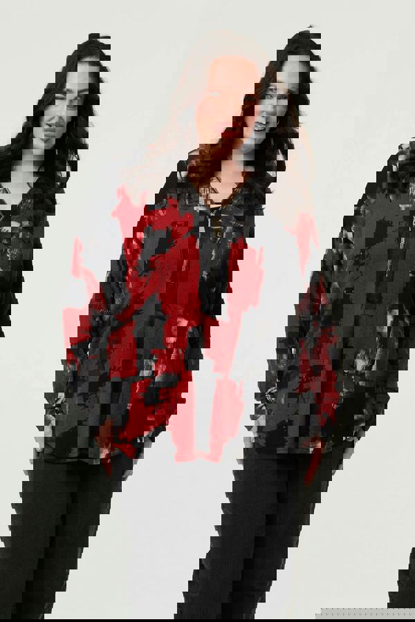 Red | Curve Abstract Zip Front Long Sleeve Top