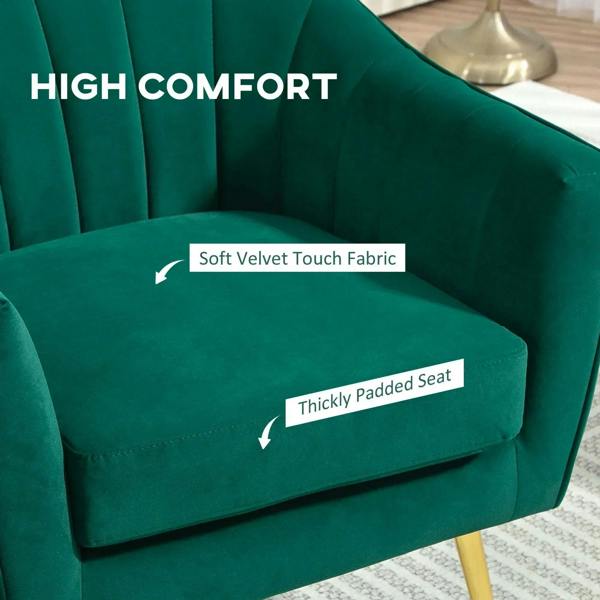 Green velvet-feel accent chair seat with thick padding and tufted back detail