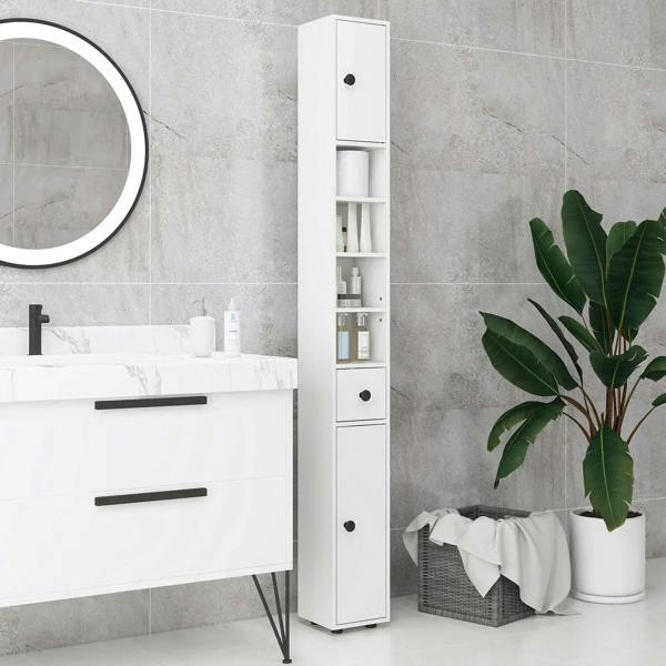 White slim bathroom storage tower cabinet with shelves and drawers, black knobs.