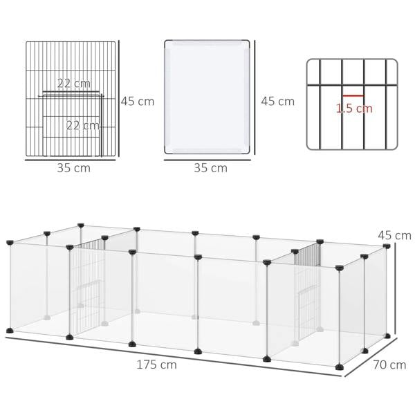 White 18-panel pet cage dimensions view with clear panels and black wire mesh door