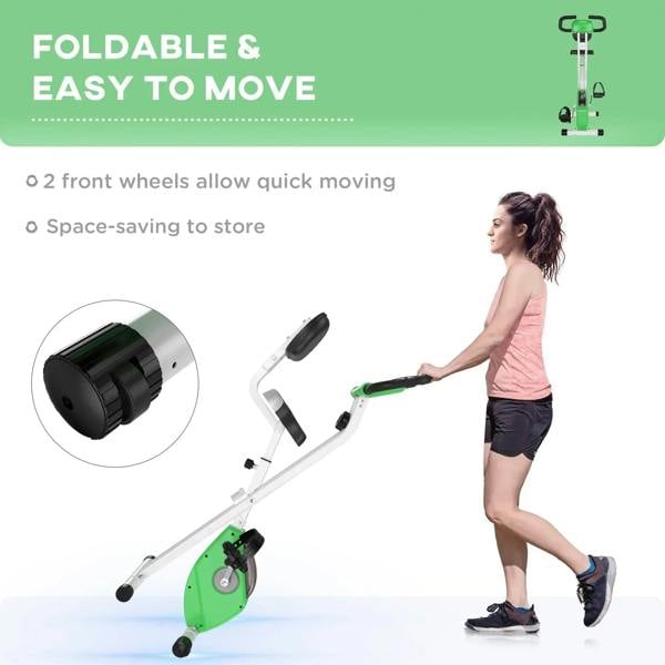 Foldable exercise bike with two front wheels and green flywheel cover
