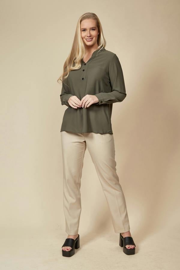 Hoxton Gal Oversized Long Sleeves Top with Button Details in Khaki